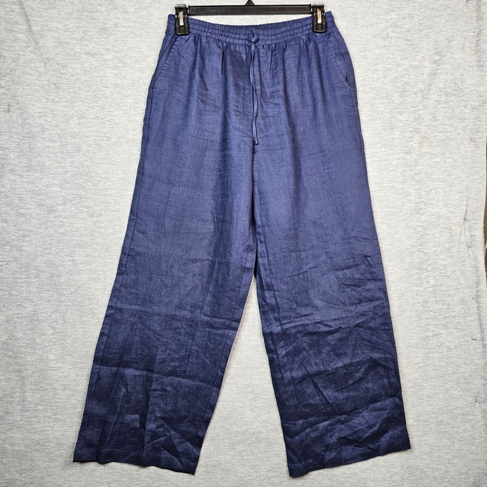 Lintico Womens Navy Blue 100% Linen Wide Leg Drawstring Pants Size L